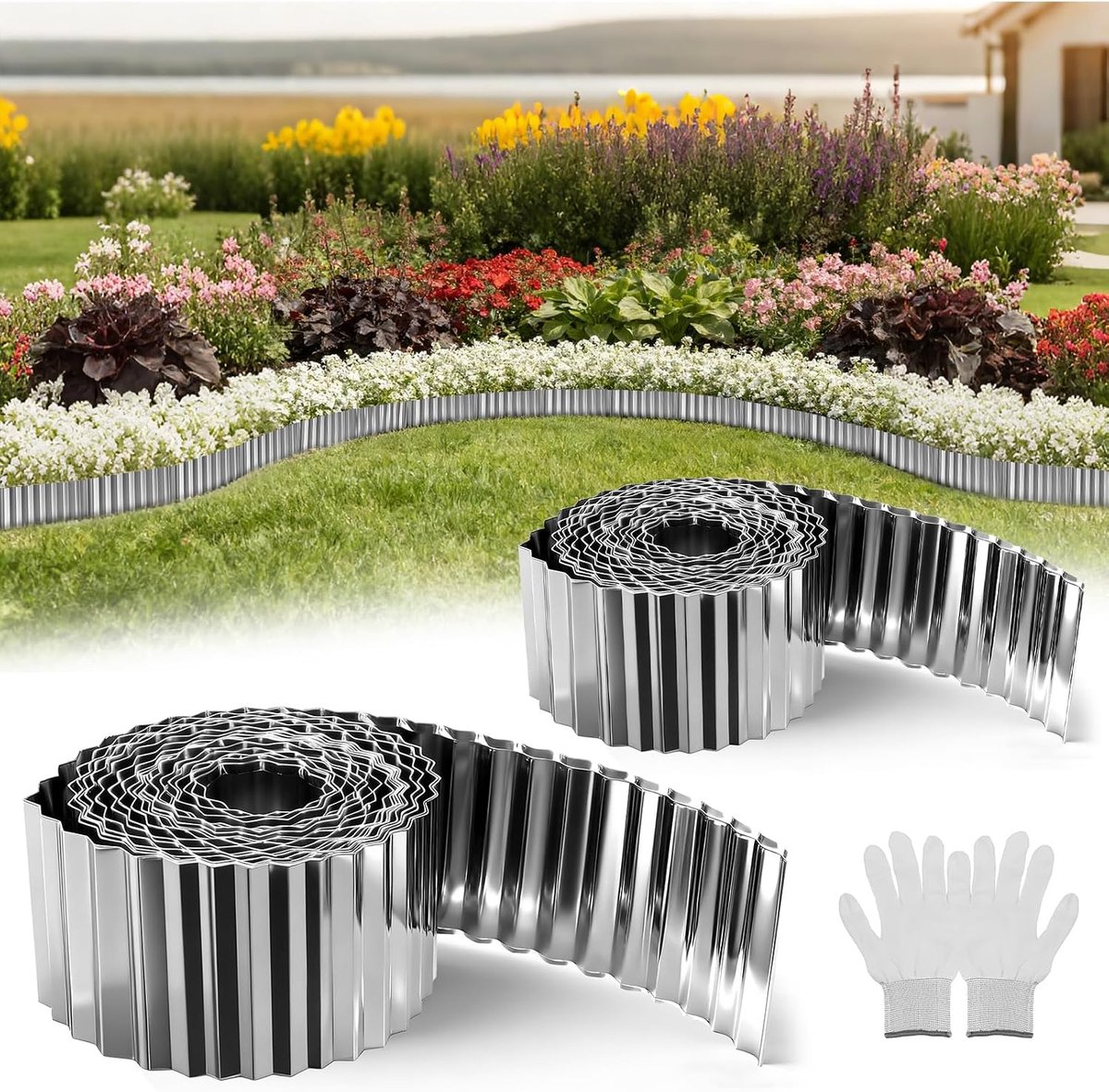 10 m x 2 gazonrand, metaal, flexibel, bloembed omranding van verzinkt staal, bedbegrenzing, flexibele gazonranden voor perkrandingen, tuinomranding, 15 cm hoog, zilver