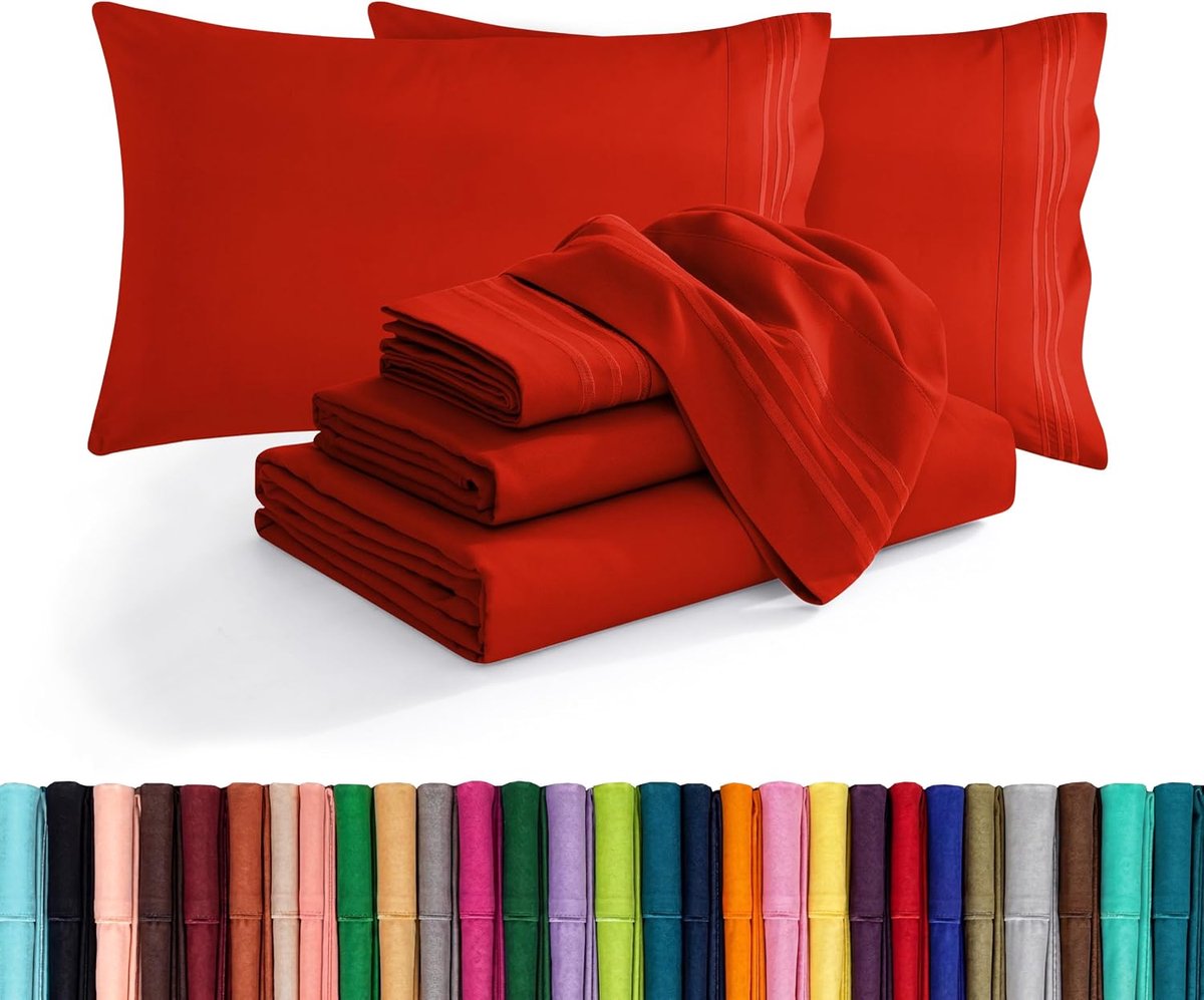 Comfort Luxe zacht 1500 premium hotelkwaliteit microvezel kreuk- en vervagingsbestendig, gezellige 6-delige beddengoedset, gemakkelijk rondom elastisch hoeslaken, diepe zak, volledig, rood