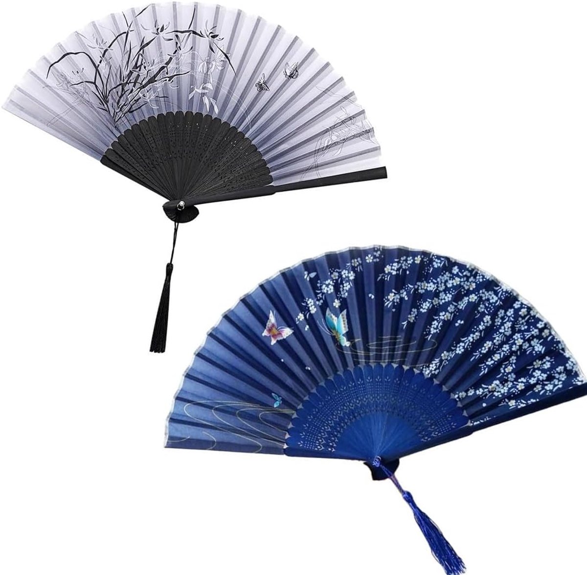 Handventilator set van 2 - zijde - Japanse en Chinese bloemenprint - opvouwbaar bamboe - voor mannen en vrouwen