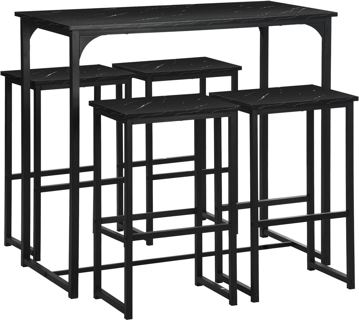 Bartafel met 4 krukken, set hoge bartafel met 4 krukken, eettafel voor bar, hoge kruk, tafel voor keuken en stoelen, ruimtebesparend, voor huis, keuken, taverne, zwart