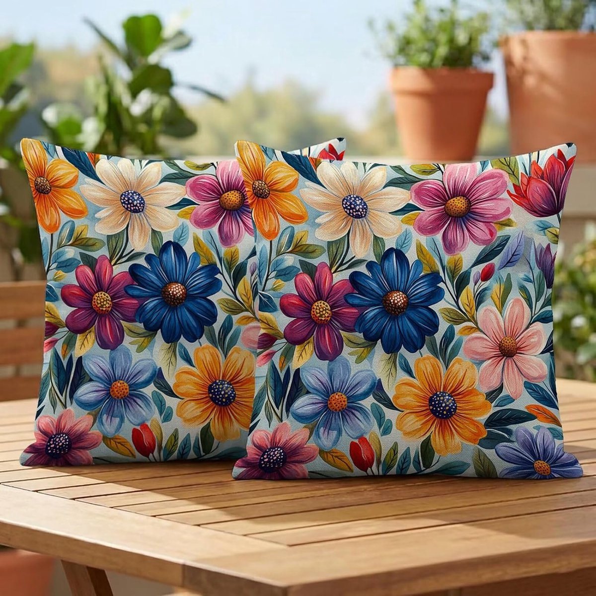 Set van 2 outdoor kussenslopen, 40 x 40 cm, weerbestendig, kleurrijk bloemenmotief, tuinkussen, zomer, modern sierkussen, dubbelzijdige print, bankkussen voor balkon, lounge, terras, woonkamer