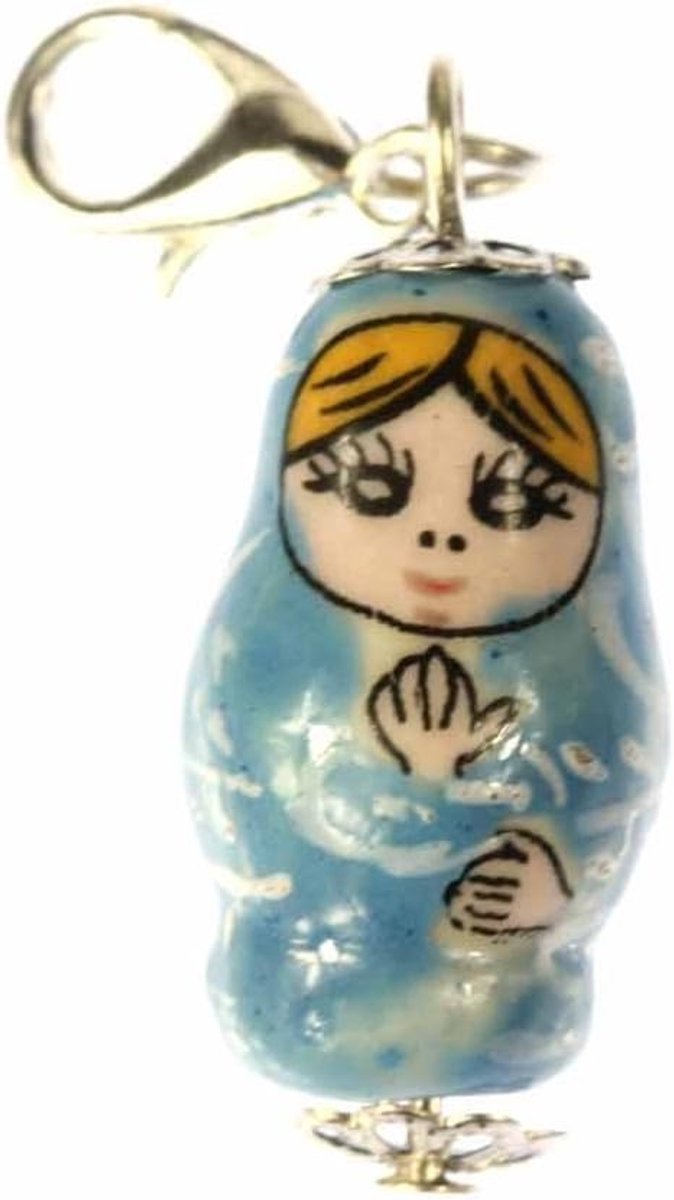 Matroshka Babushka Rusland Charm Russische pop blauw - handgemaakte modesieraden I ketting hanger verzilverd - bedelarmband - hanger voor armband, 22mm, Metaal Katoen Porselein, Geen