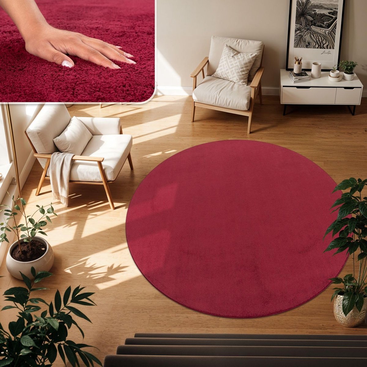 Home Vloerkleed Woonkamer Rood 200 cm Rond Wasbaar & Laagpolig