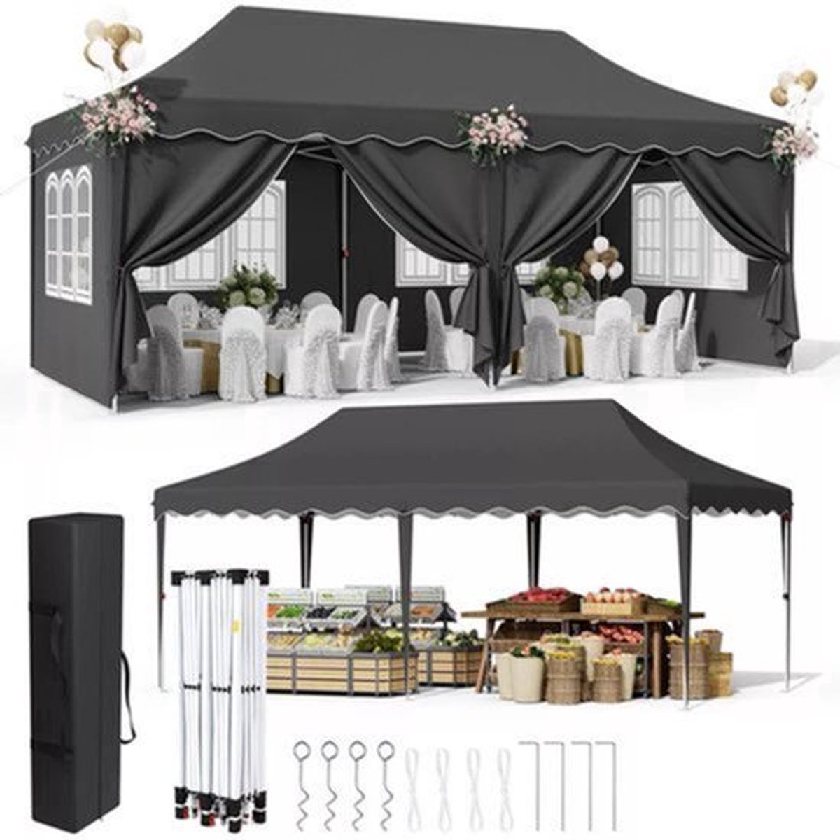 Tuinpaviljoen – Vouwwagen – Overkapping – Partytent – Marktstand – 3x6 Meter – UV-Bestendig