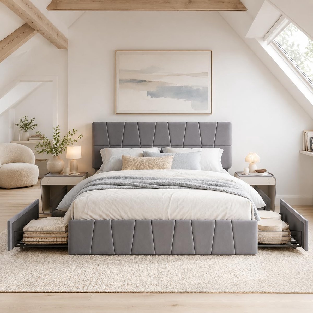 160 x 200 cm, met laden, Bed met opbergruimte en gecapitonneerd hoofdeinde, fluwelen stof, bedframe met laden van ijzer, gestoffeerd tweepersoonsbed, bed met opberglade (grijs, A, 160