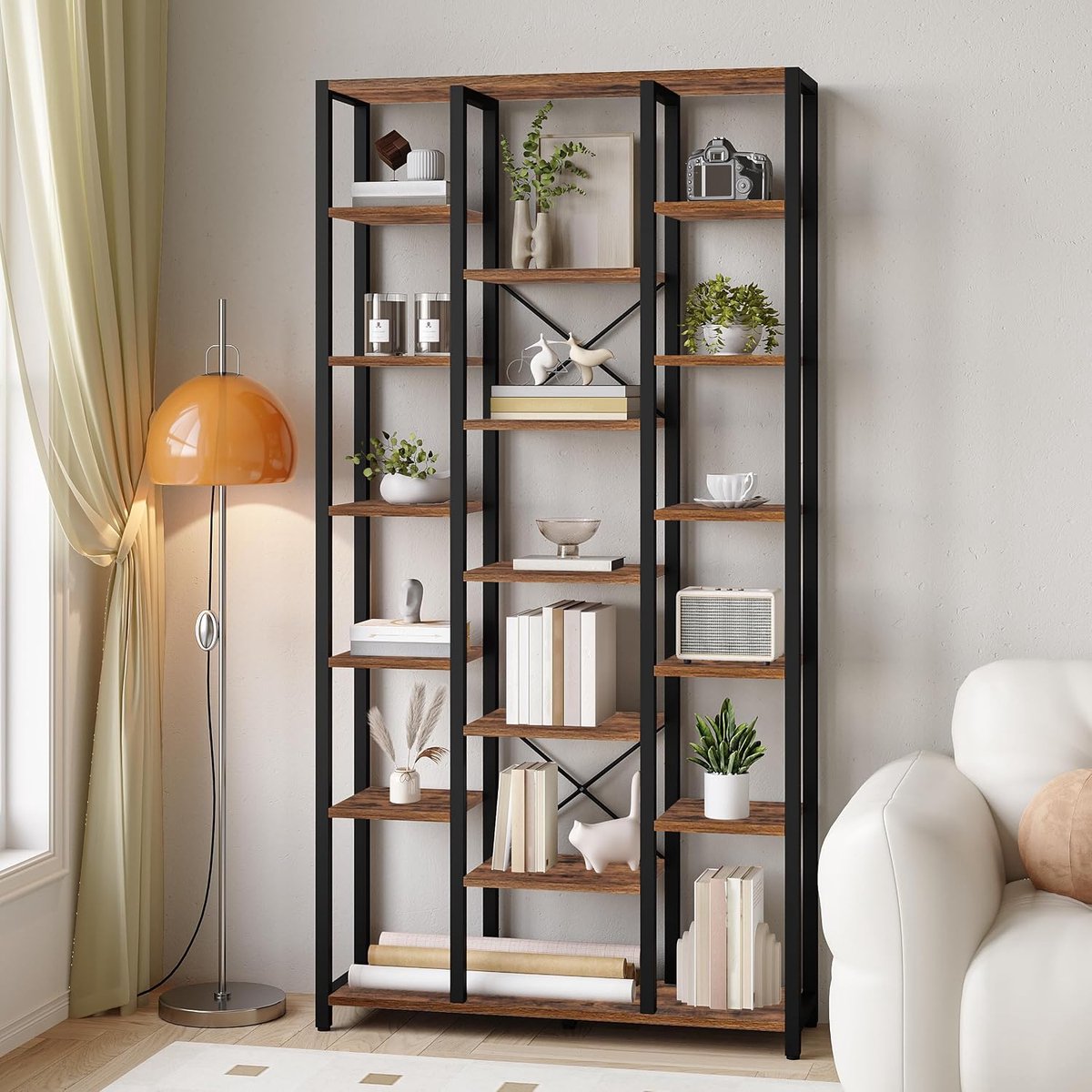 Boekenplank, boekenkast met 7 niveaus en 18 open planken, verstelbare opbergkast voor woonkamer en thuiskantoor, 30 x 100 x 200 cm, Rustiek bruin en zwart, BC15601B