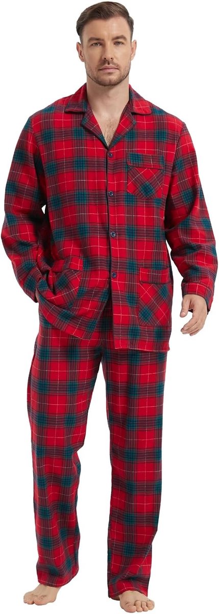 Pyjamaset voor heren van 100% katoenen flanel, geverfd garen, comfortabel, broek met zakken, tailleband met trekkoord, winterpyjama voor heren