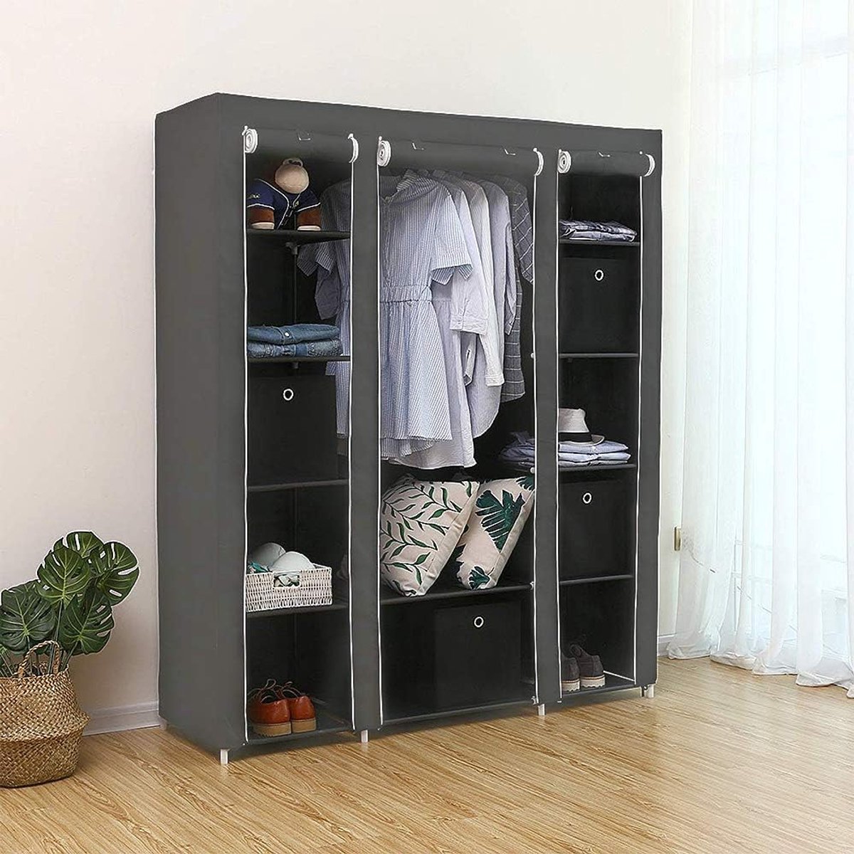 Kledingkast van stof, voor woonkamer, slaapkamer, schoenenmeubels (134 × 43 × 172 cm, grijs)