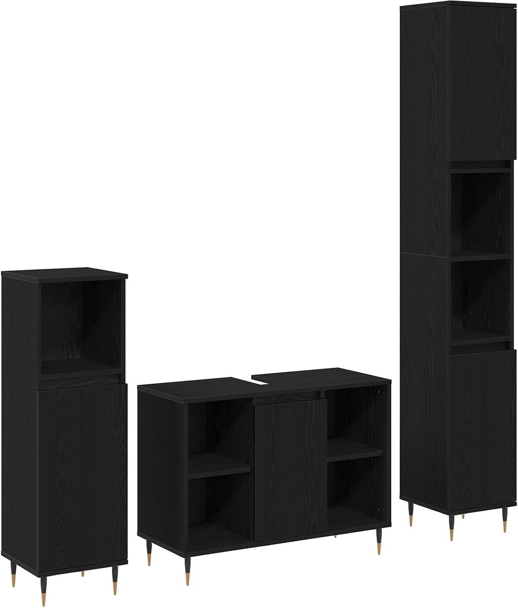 3-delige badkamermeubelset, zwart eiken, houtmateriaal, complete spiegelkast, hoge kast, compleet programma voor moderne badkamer 3378515