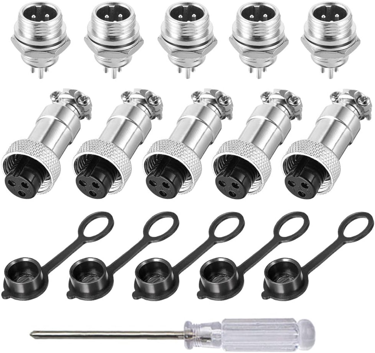 Aviation plug set 5 stuks - 3 pin - metaal - 12mm draad - voor kabelverbindingen