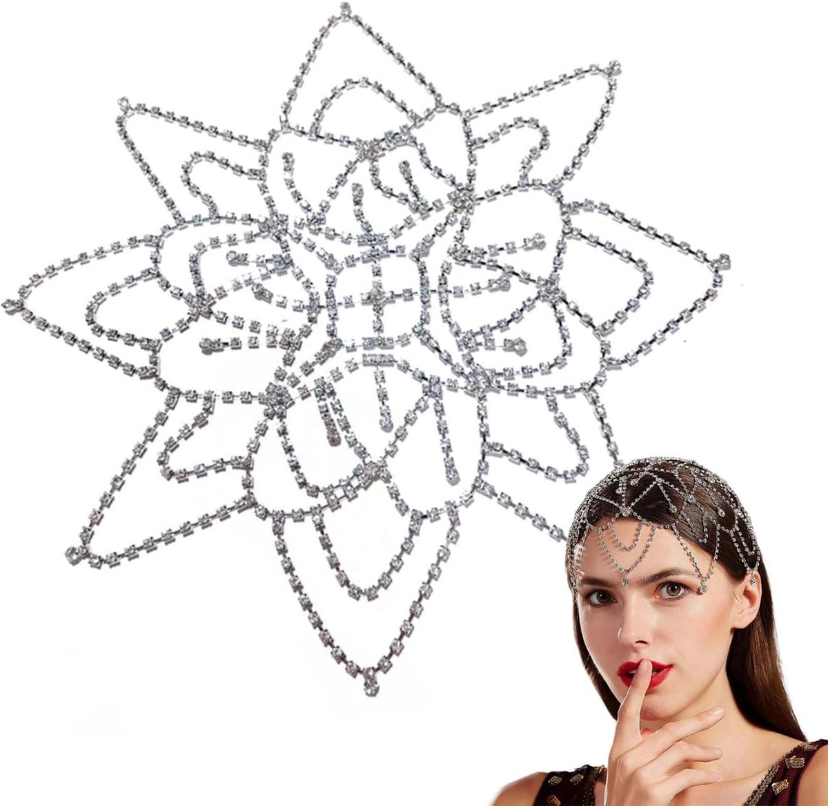 Hoofddeksel met kristallen kap, bloem strass hoofdketting zilver, kristallen strass hoofdtooi, geschikt voor bruiloften, feesten, bijeenkomsten, ballen, kerst- en Halloween-decoraties (zilver)