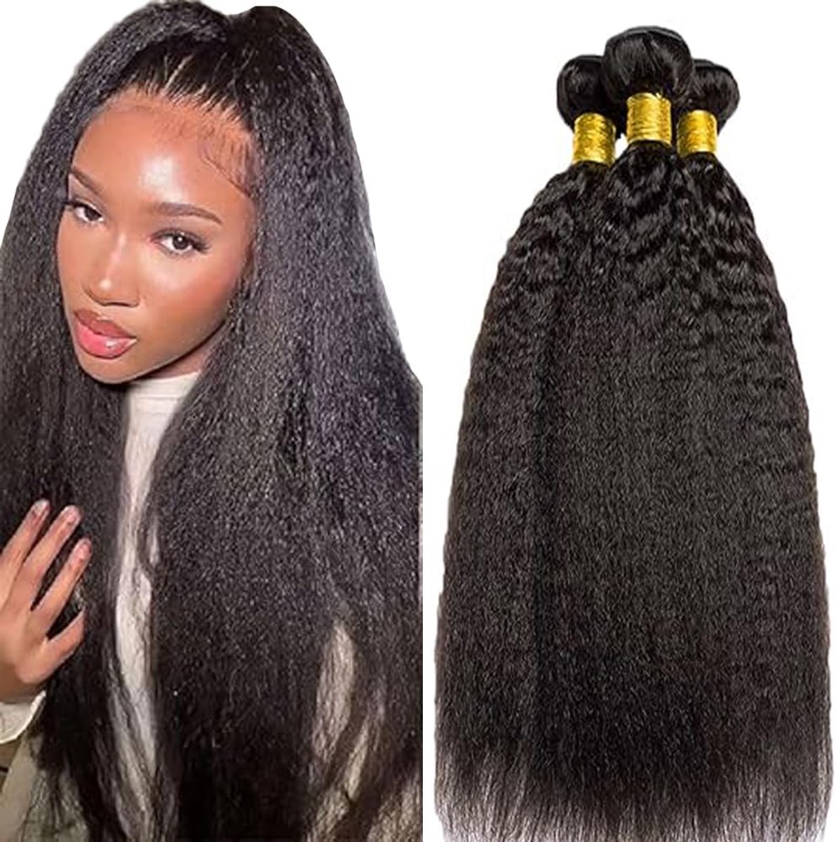 26 26 26 Inch Human Hair Bundles Yaki Straight Hair 1B Natural Black Bundles Human Hair Extensions Double Weft for Women Minimal Smell for Women 3 Bundles
