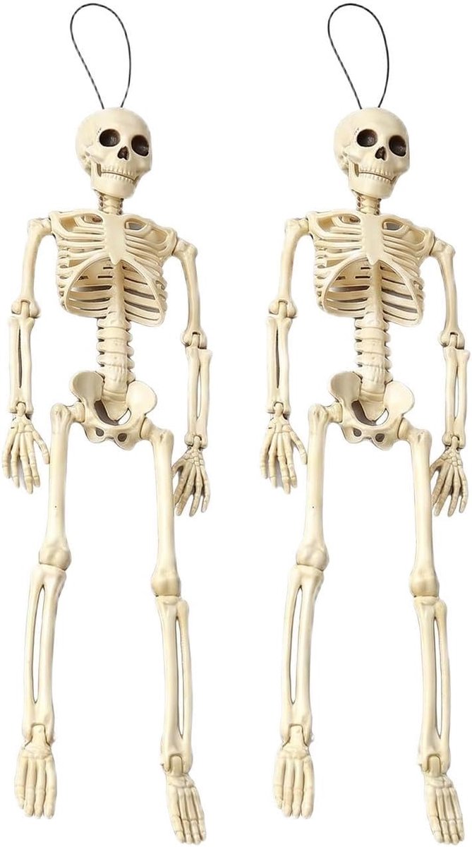 2 stuks Halloween skelet 40 cm, Halloween-decoratie met beweegbare gewrichten en realistisch design, kunststof skelet voor Halloween decoratie binnen en buiten, feest, bar - wit