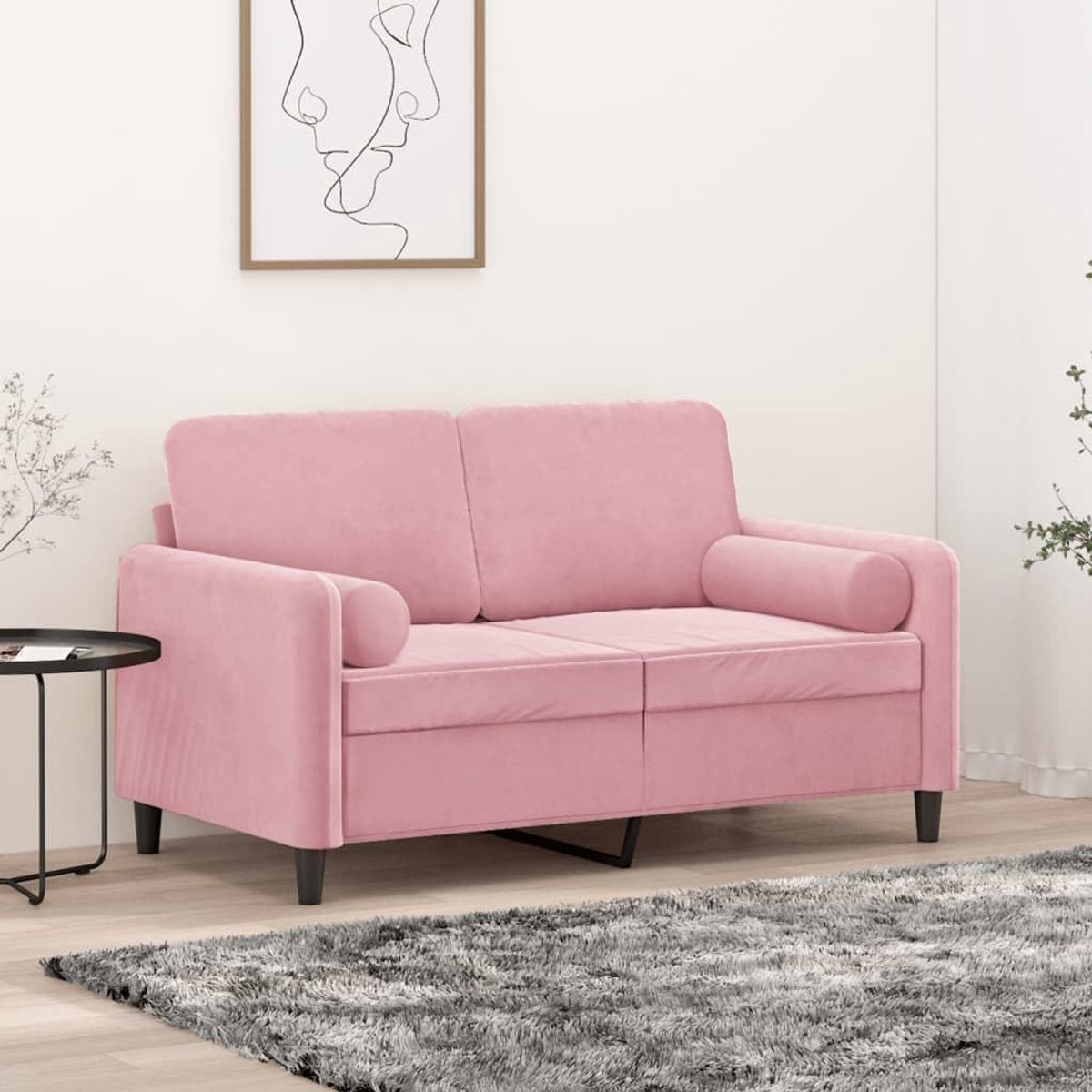 2-zitsbank met sierkussens, fluwelen overtrek en metalen frame voor de woonkamer, 120 cm breed, comfortabele bekleding, afneembare hoezen, roze bank