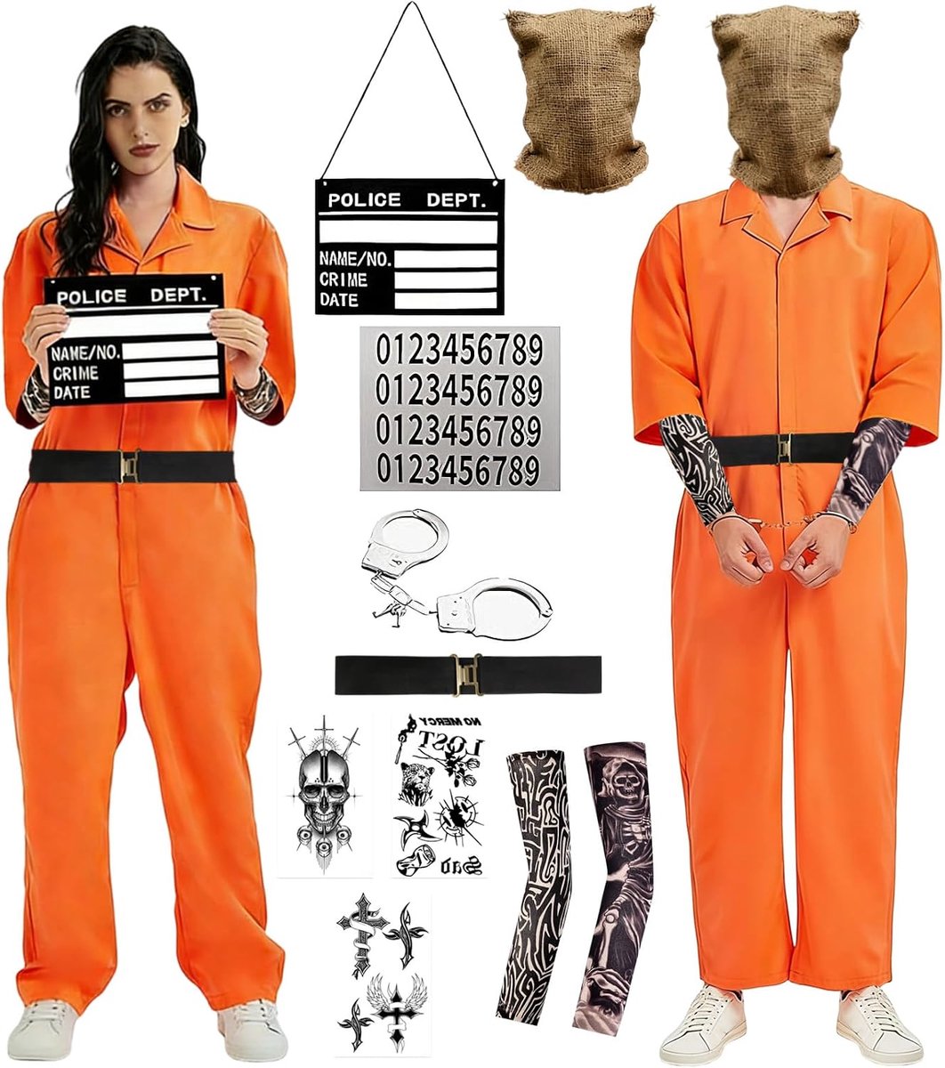 gevangenenjurk, oranje gevangenenkostuum voor carnaval, Halloween en themafeesten, compleet met overall, identiteitsbord, handboeien en accessoires