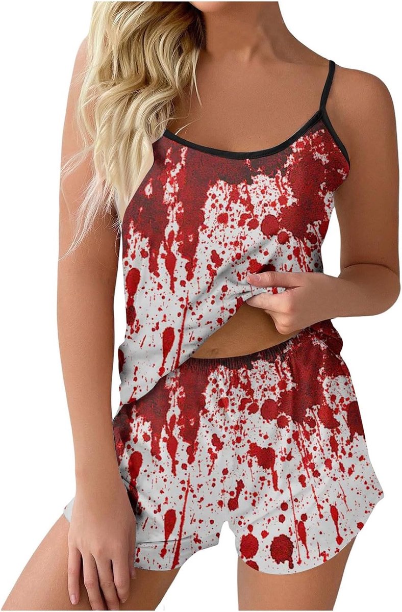 2-delige Halloween-set met bloedige print voor dames, top met bandjes en shorts (2)