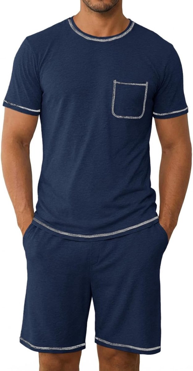 Pyjama heren tweedelige pyjama set korte mouwen T-shirt en effen pyjamabroek mannen katoen ronde hals nachtkleding