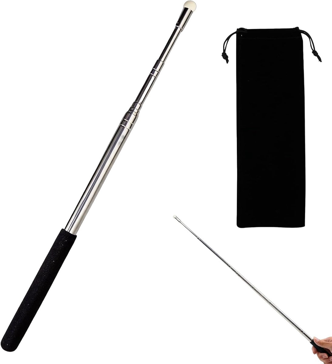 uittrekbaar 120 cm, wijsstaaf, roestvrij staal, telescoopstang, inclusief zwart fluwelen zakje voor opslag. Voor leraren whiteboard whiteboard wijzers, voor presentaties formaten