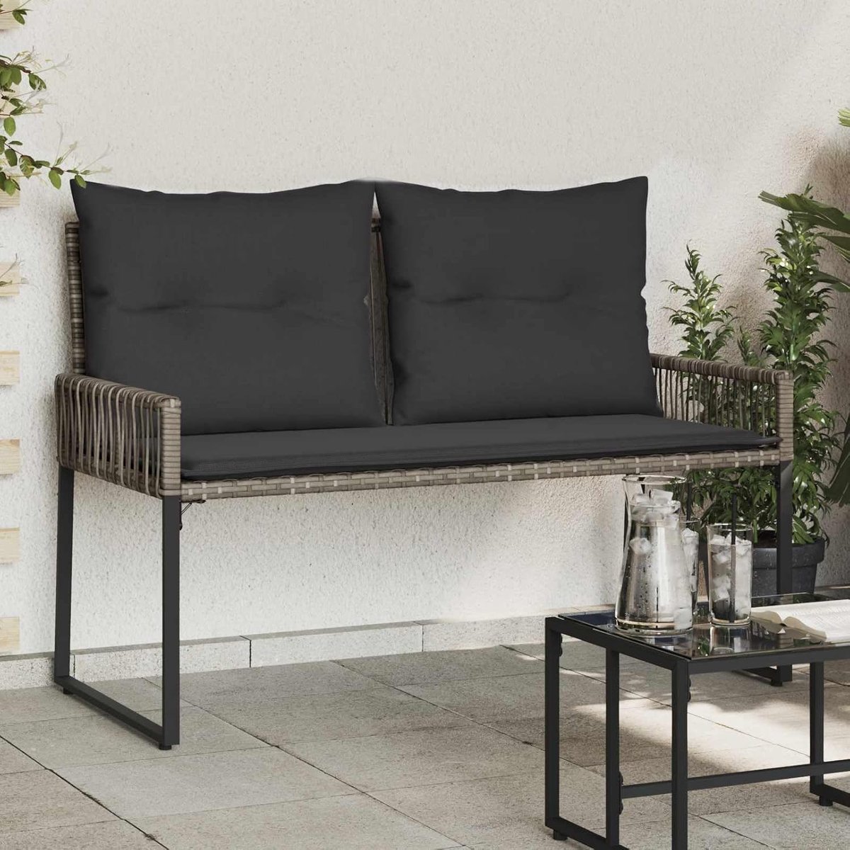 Tuinbank met kussens, set van 4, outdoor bank, grijs, donkergrijs, polyrotan zitbank met stalen frame en afneembaar zitkussen voor terras en balkon