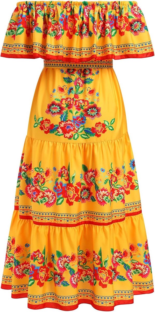 Dress for Women: Traditional Fiesta Outfit Cinco De Mayo Bohemian Floral Boho Summer Dresses for Women 2023 Beach Gown Mexico Clothes Maxi Party Casual Sundress Yellow 3X-Large — afbeelding 4