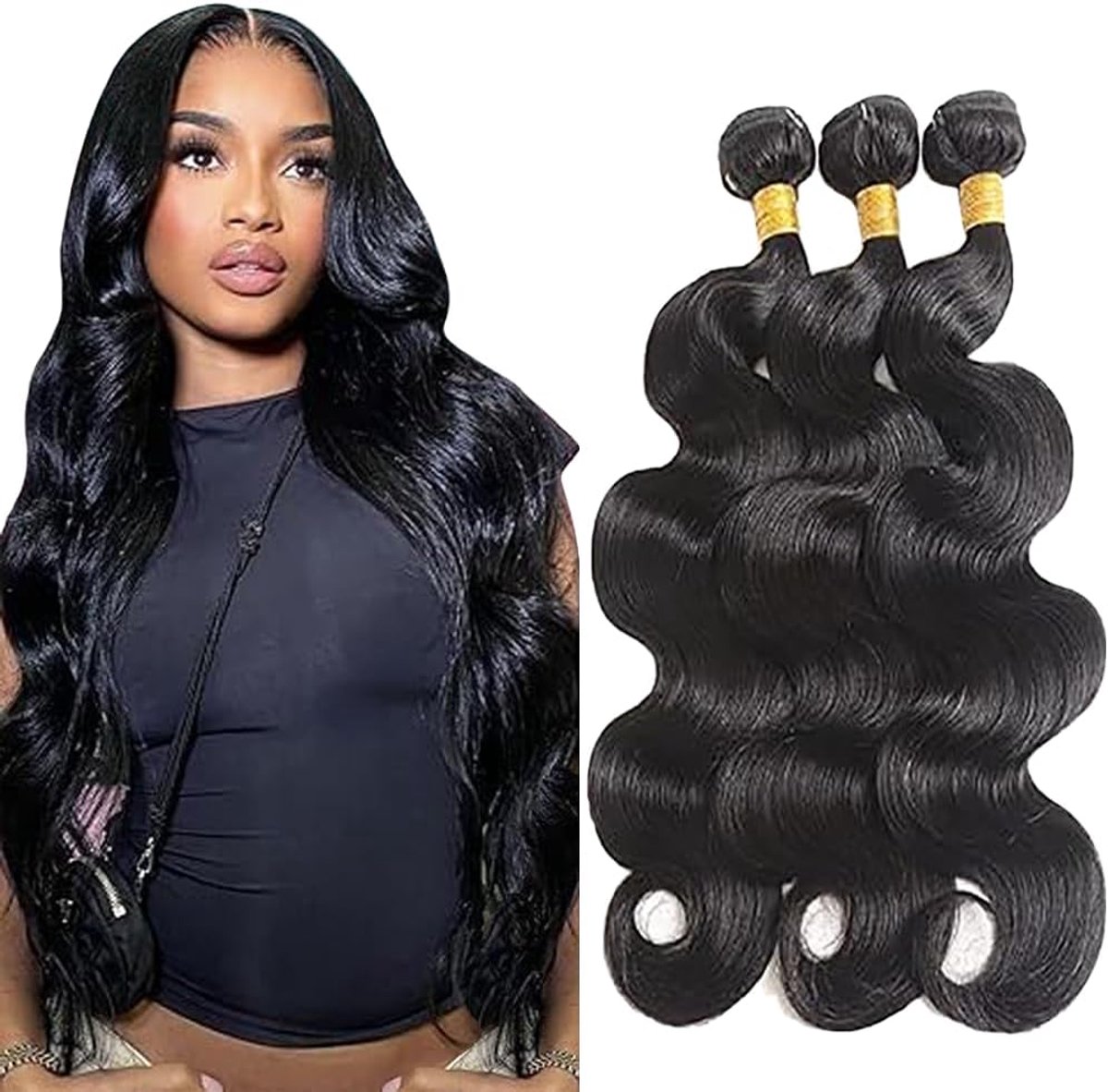 Wave Human Hair Bundles 1B Natural Black Mensliches Haar Bündel Echthaar Human Hair Extensions Minimal Shedding Double Weft Remy Hair 3 Bundle Total 300g 16 16 16 Inch