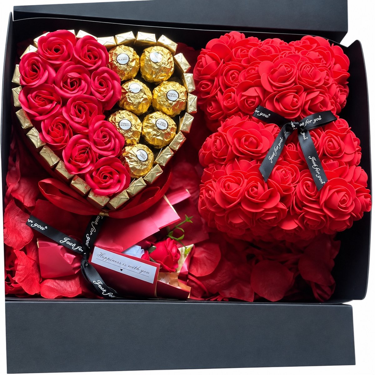 Nina’s Giftshop® Valentijn Cadeau – Geschenkset voor Haar – Rozen Beer – Ferrero Rocher Chocolade – Valentijn Cadeautje voor Vrouw – Cadeau voor Haar – Moederdag Cadeau – Verjaardag – Jubileum