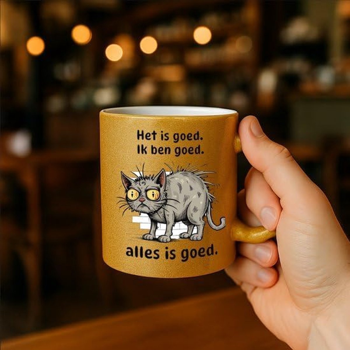 Mok – “Het is goed. Ik ben goed. Alles is goed.” – Grappige Gestreste Kat Design – Humoristisch Cadeau voor Katzenliefhebbers – 330ml Keramische Beker