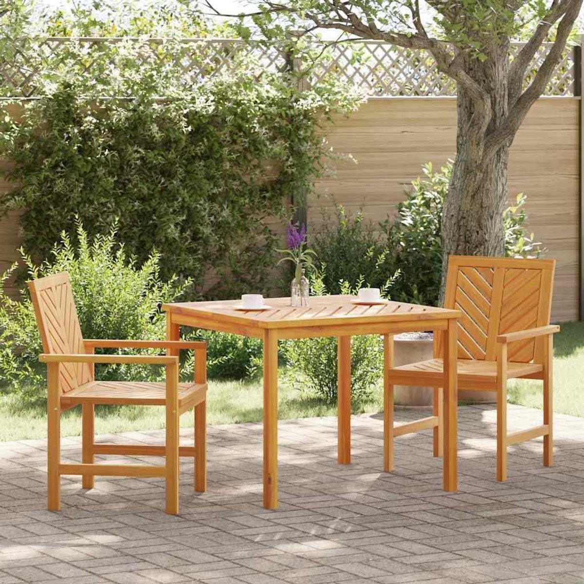 Eettafelset 3 pcs Bruin Massief Acaciahout Buiten Eetset met Tafel en 2 Stoelen voor Tuin Terras Patio, Inclusief Bank, Rechthoekig, Geoliede Afwerking, 220 kg Draagvermogen