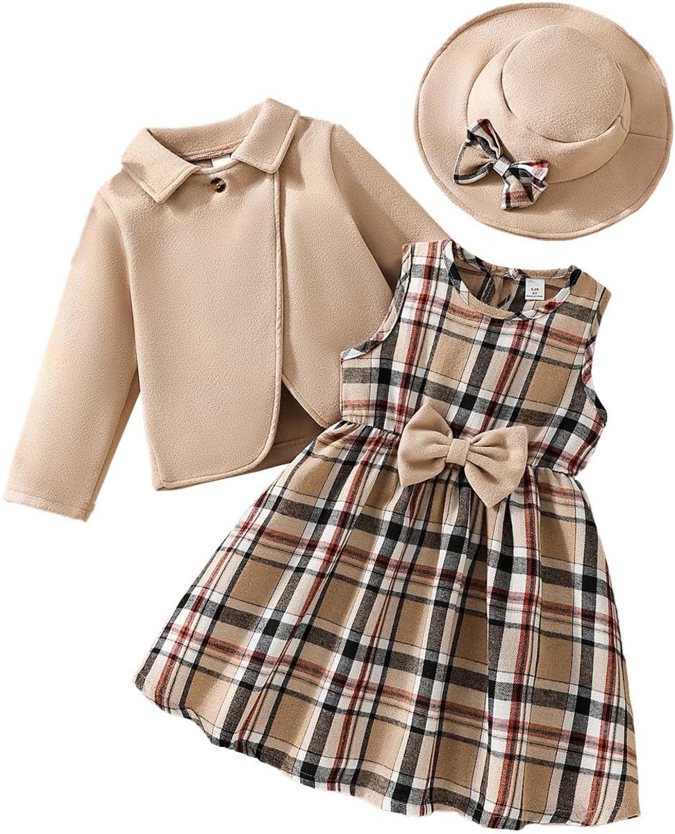 Meisjesjurk met gebreide jas + muts, 3-delige elegante outfit, 3-7