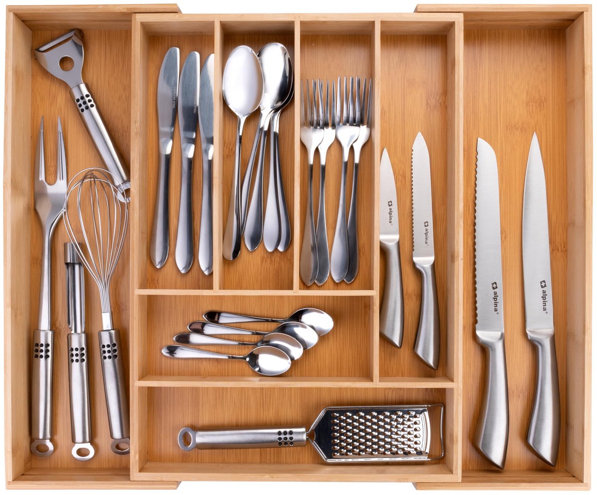 Famanu – Bestekbak voor laden, uittrekbaar, 6 tot 8 vakken, bamboe, past in laden van 34-56,5 cm, 46 x 34-56,5 x 6 cm