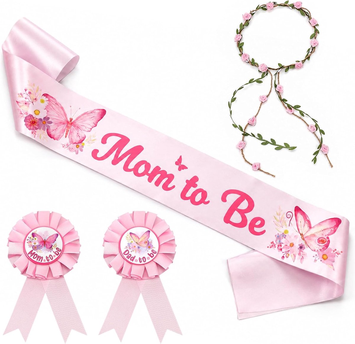 4 stuks Mom to Be sjerp roze, Daddy to Be badge