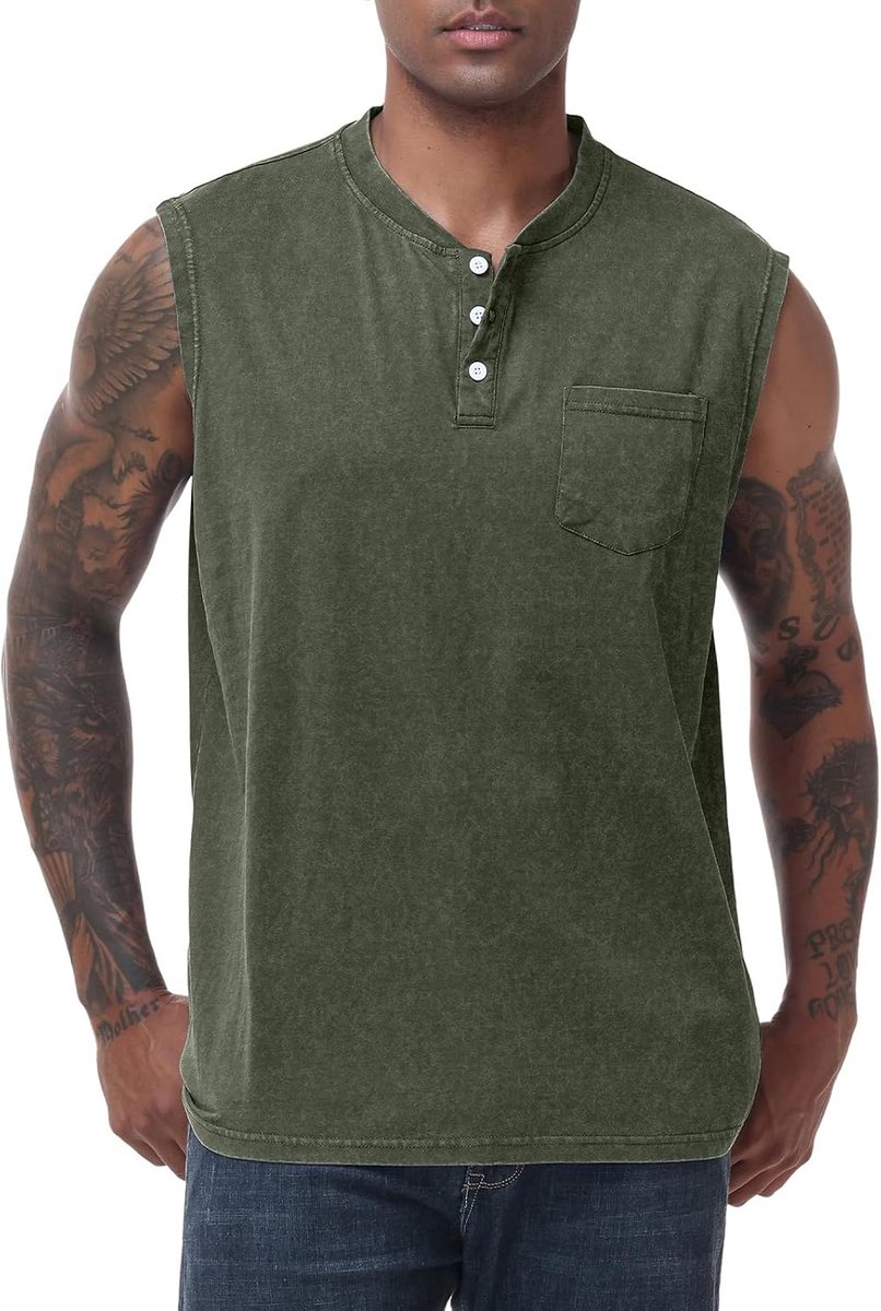 Tanktop voor heren, mouwloos, spiershirts, knoopsluiting, gym, sport, onderhemd, functioneel shirt, henley tanktop met zak