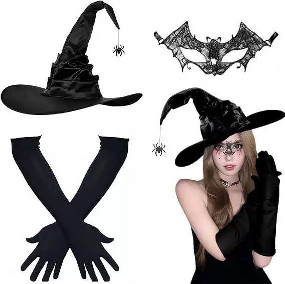 heksenkostuum set, opvouwbare satijnen heksenhoed met spin hanger + kanten vleermuisoog masker + 45 cm stretch lange handschoenen, vrouwen verkleden cosplay kit voor Halloween feest
