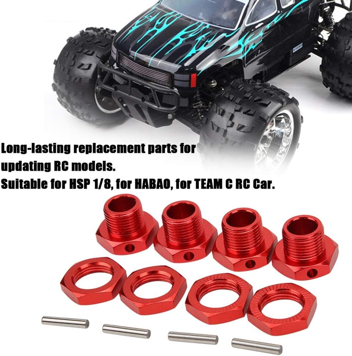 4 stuks 17 mm Rc wielmoeren, set met zeskantkoppeling, wielzeskantkoppeling, wielzeskantnaafadapter, set met zeskantkoppeling van aluminiumlegering voor HSP 1/8 RC auto-accessoires (rood)