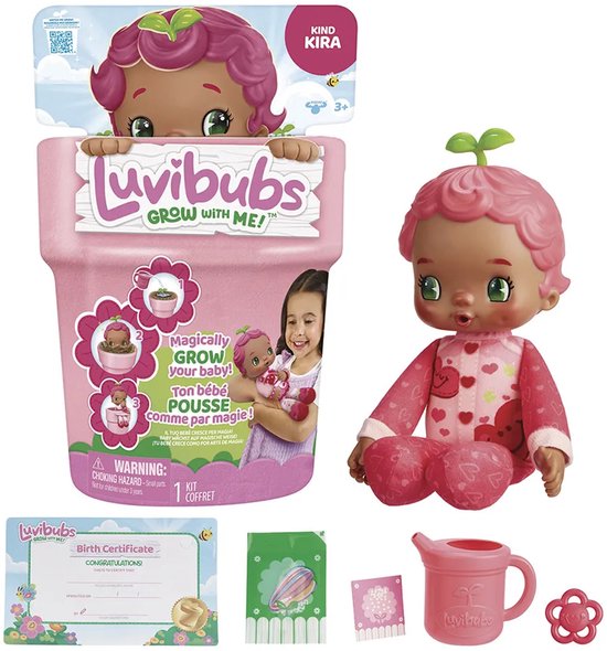 Speelset met "Kira" Luvibubs pop in roze pot met plantje. Inclusief accessoires: gieter, flesje, bloemvorm, geboortecertificaat.