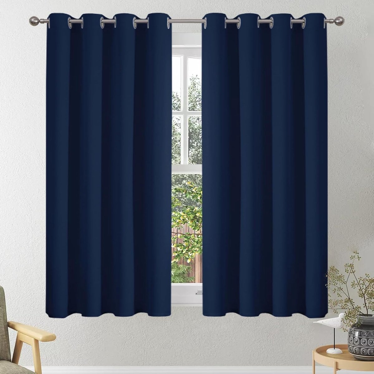 ondoorzichtig, gordijn met inslagringen, dik thermogordijn, koudebescherming, warme hittebescherming, gordijnen met ringen, woonkamer, 137 x 140 cm (h x b), donkerblauw