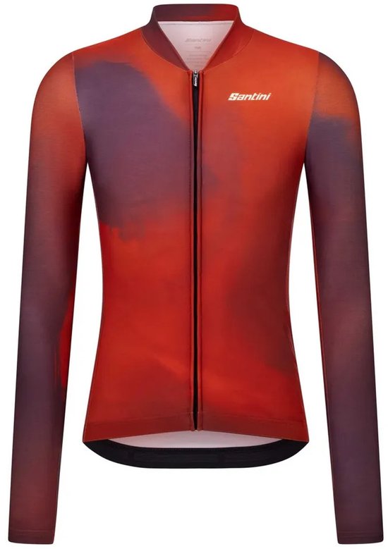 Maillot de cyclisme Santini à manches longues avec imprimé aquarelle rouge et violet et fermeture éclair complète.