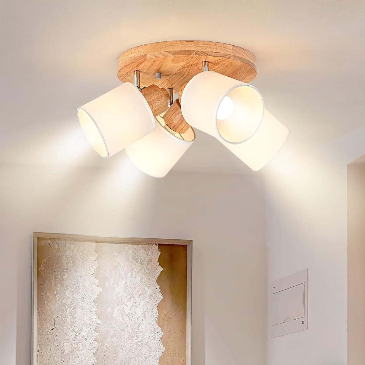 Plafondlamp, plafondspot, 4 spots, draaibaar, hout, rond, plafondverlichting, binnenverlichting, retro, E14, wandlamp, voor woonkamer, slaapkamer, keuken, eetkamer, 230 V, zonder lampen