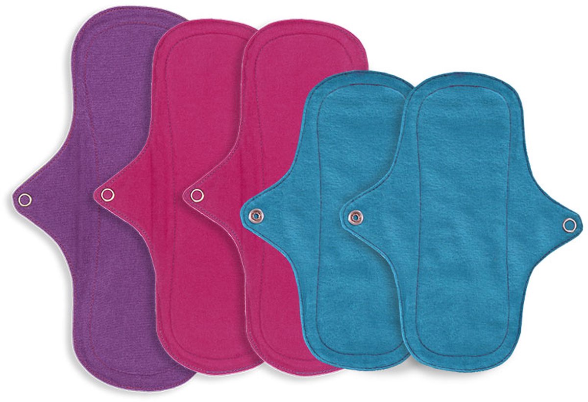 Eco Femme Light Flow Kit - Vibrant Organic Range - wasbaar maandverband pakket voor lichte menstruatie - Inlegkruisjes - Dagverband (PLUS) - S, M en L - 5 stuks - 100 % Biologisch katoen - GOTS - donker