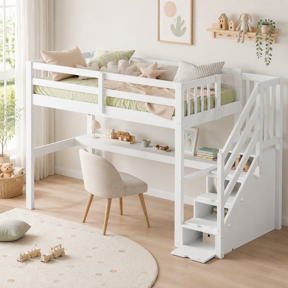 WUVRIE Hoogslaper 90x200 cm met bureau, opbergtrap en valbeveiliging, kinderbed wit