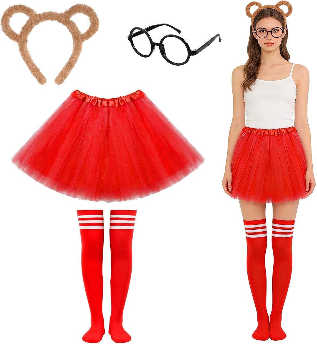 Stripehoornkostuum voor dames, 5 stuks chipmunks kostuumset met tutu, gestreepte hoorntjes, oren, hoofdband, kniehoge sokken, bril, dierenkostuum, accessoires voor carnaval themafeest