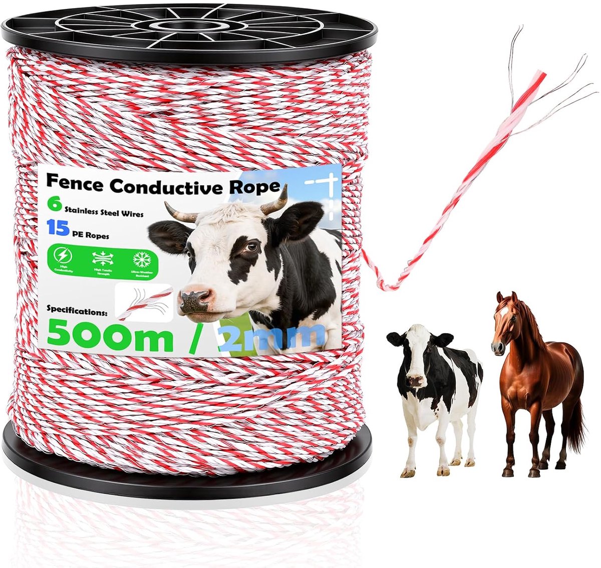 500 m, 2 mm, 6 strengen roestvrij staal litze, weidehek, elektrisch hek, robuust koord, hoge geleidbaarheid, weidehek touw voor honden, paarden, runderen, schapen (wit-rood)