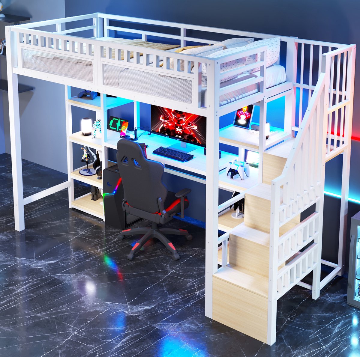 WUVRIE Hoogslaper 90 x 200 cm met bureau, opbergtrap, LED-verlichting en USB-aansluiting, wit