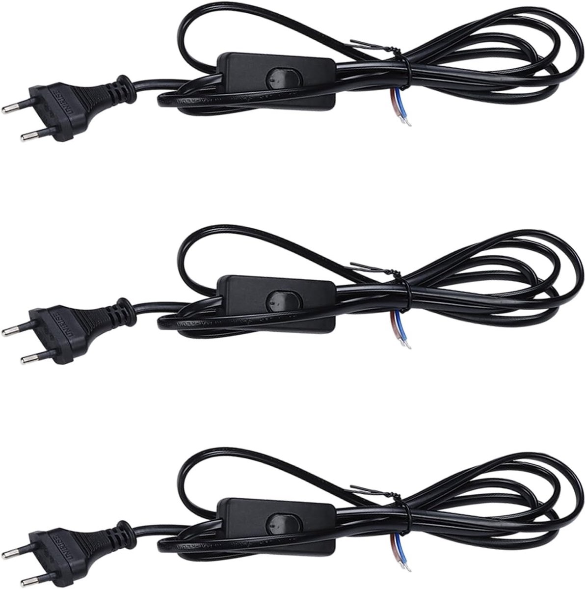 3-delige Euro stroomkabel met schakelaar, 1.8 m, geschikt voor vloerlampen, tafellampen en lampenhouders, zwart kabel met stekker, 2 x 0.75 mm²