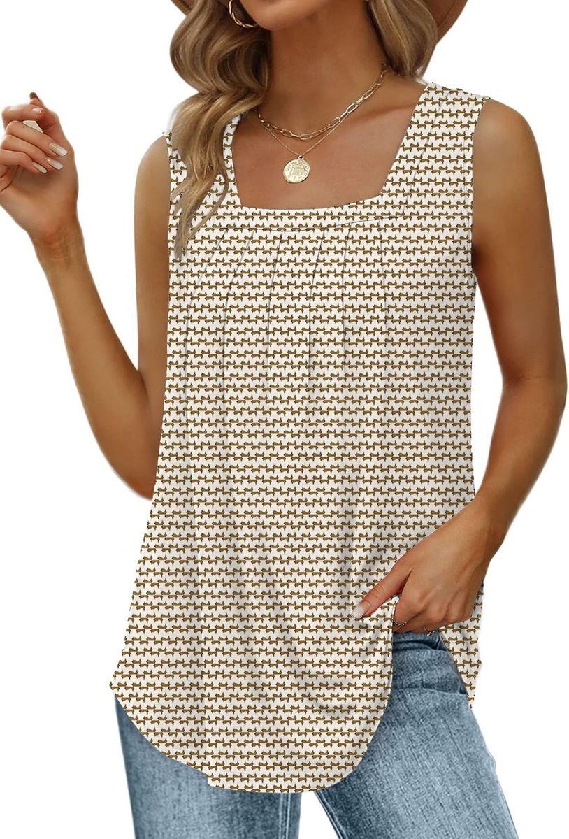 Tanktop voor dames, trendy mouwloos T-shirt, elegante zomertop met vierkante halslijn en plooien, losvallend model