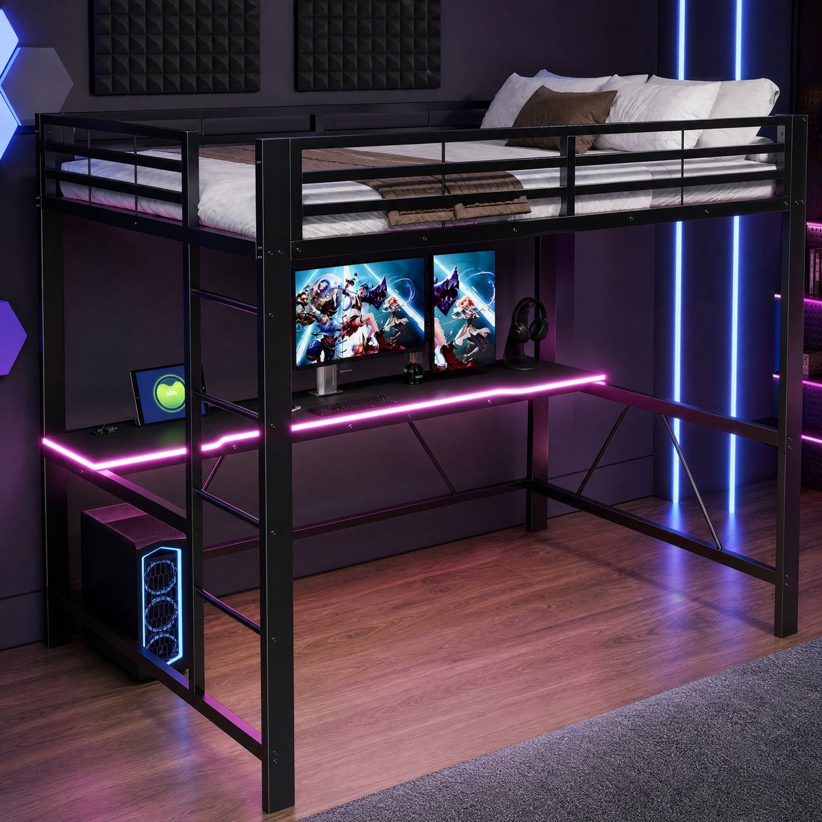 WUVRIE Gaming-hoogslaper 140x200 cm met bureau, LED-verlichting, USB-laadstation en uitvalbeveiliging, zwart