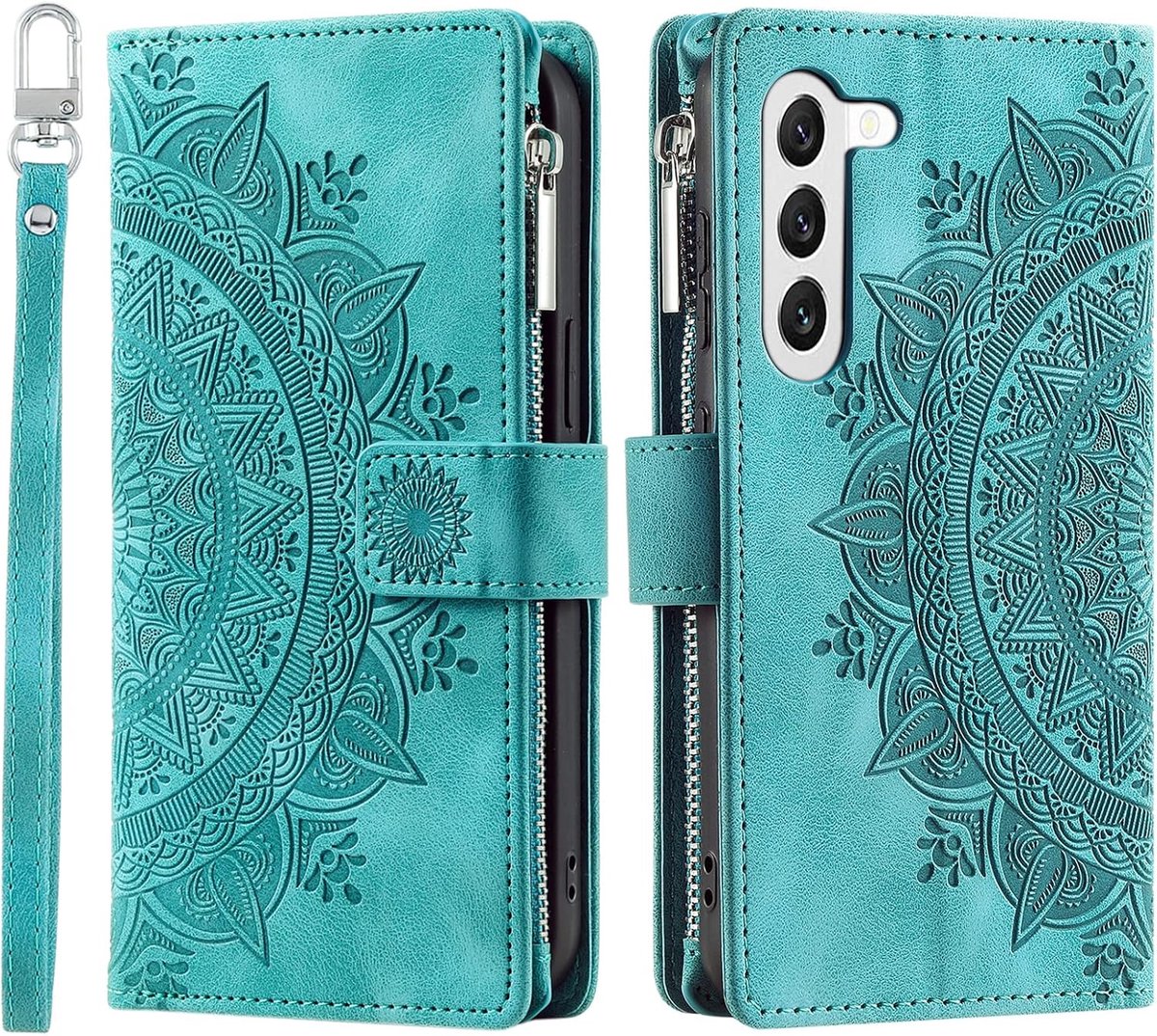 Hoes voor mobiele telefoon voor Samsung Galaxy S23 5G, klaphoes met bloemenvak, beschermhoes, klaphoes, met kaartenvak, klaphoes met standfunctie, groen