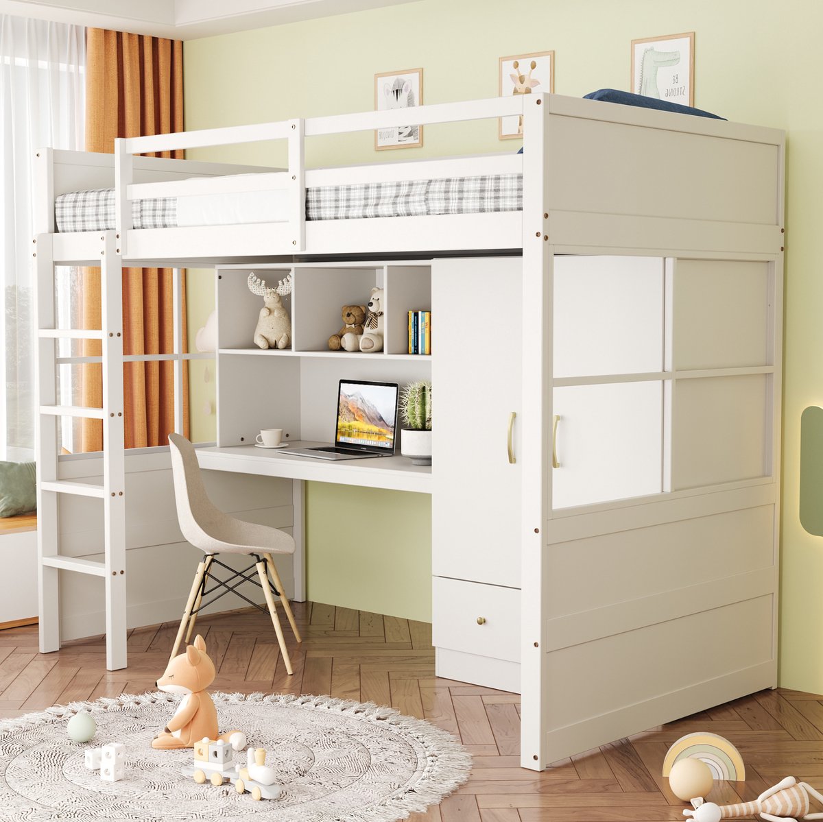 WUVRIE Hoogslaper 90 x 200 cm met bureau, kledingkast, lades en ladder, wit
