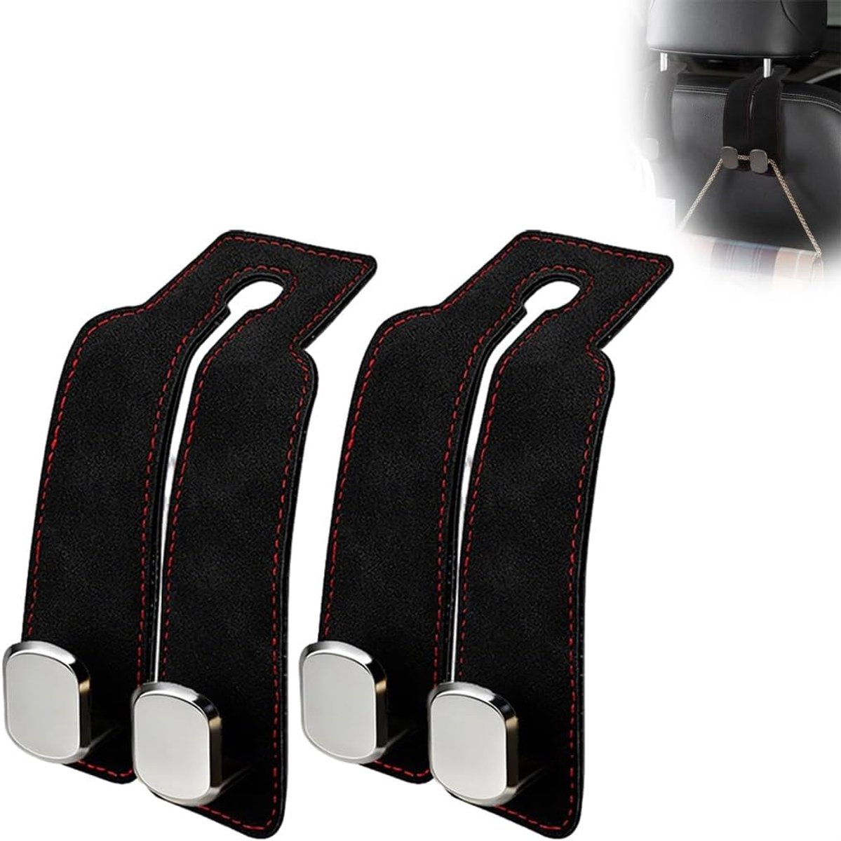 haken voor de achterkant van de autostoel, 2 stuks, van ABS en hoogwaardig imitatieleer, robuuste autohaken, hoofdsteun, zwart, voor handtassen, portemonnees, boodschappentassen, kleding en