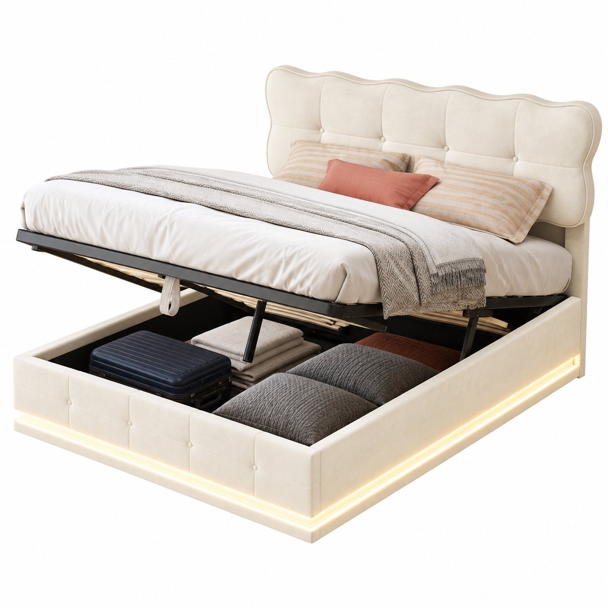 VILIMA - Beige bed - Bed 160x200 cm - Japandi stijl bed - Tweepersoonsbed - Met Ledverlichting - Opbergruimte - Zacht gestoffeerd